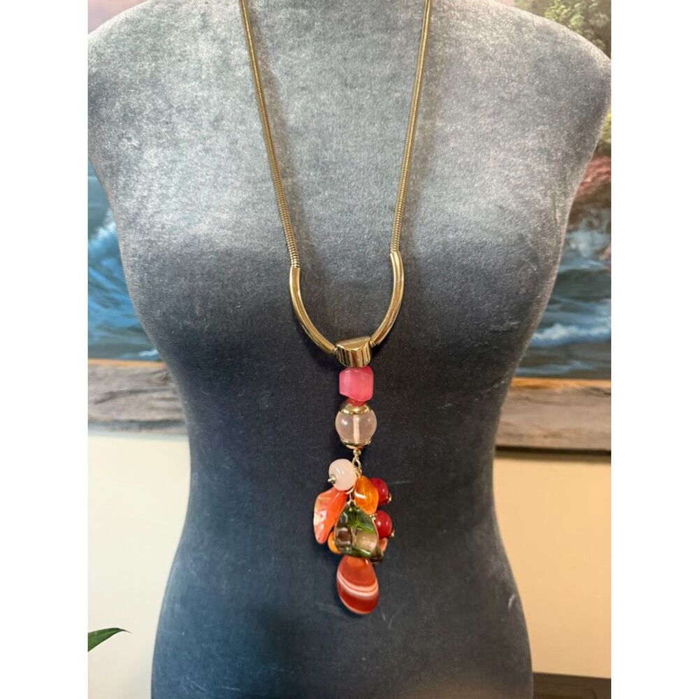 Chico's Chunky Orange Agate & Pearlized Resin Lavalier Gold-T Snake Necklace